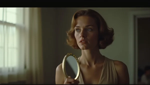 Woman Holding Oval Mirror in Mid-Century Interior