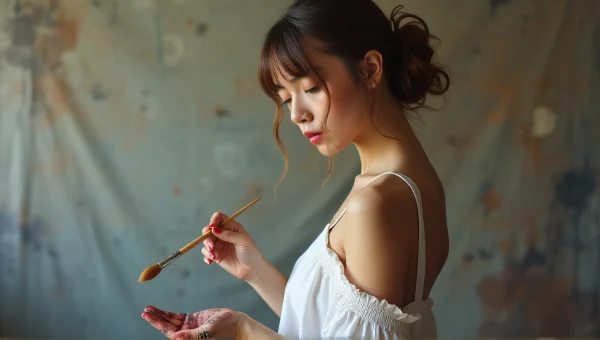 Woman Holding Paintbrush in White Dress Portrait