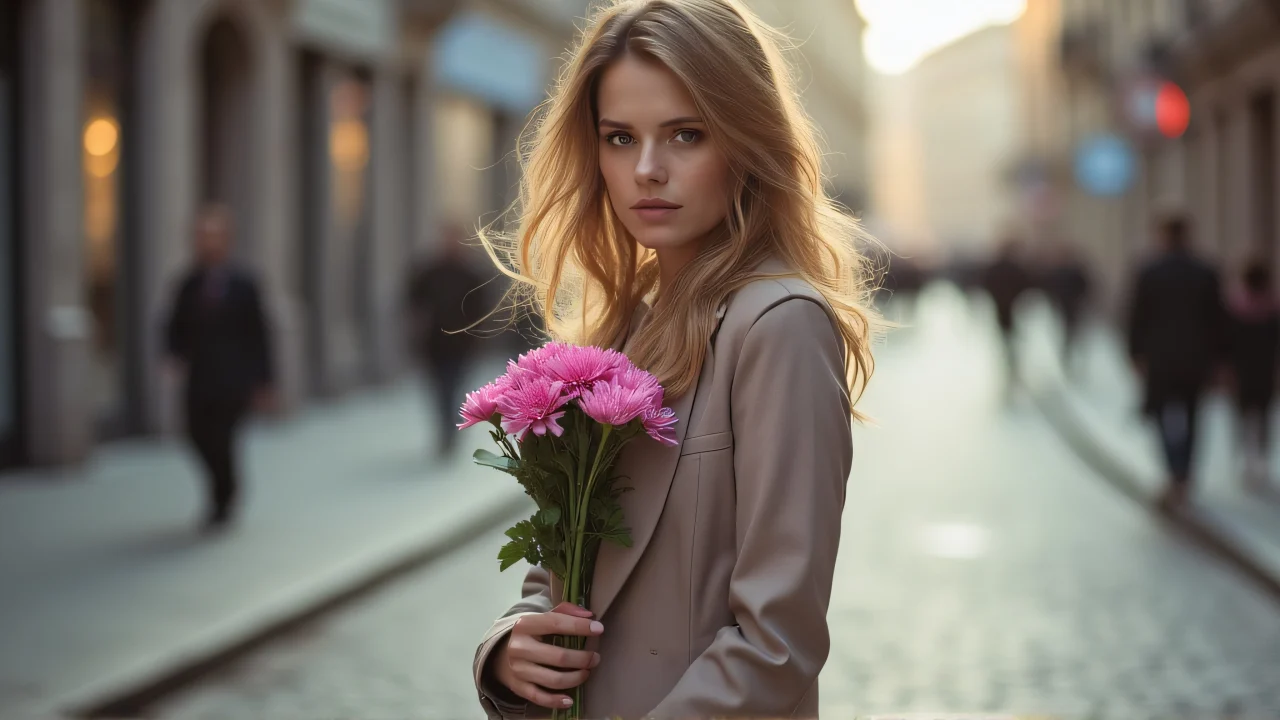 A woman stands on a cobblestone street, holding pink flowers in soft afternoon light.