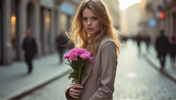 Woman Holding Pink Flowers On Cobblestone Street
