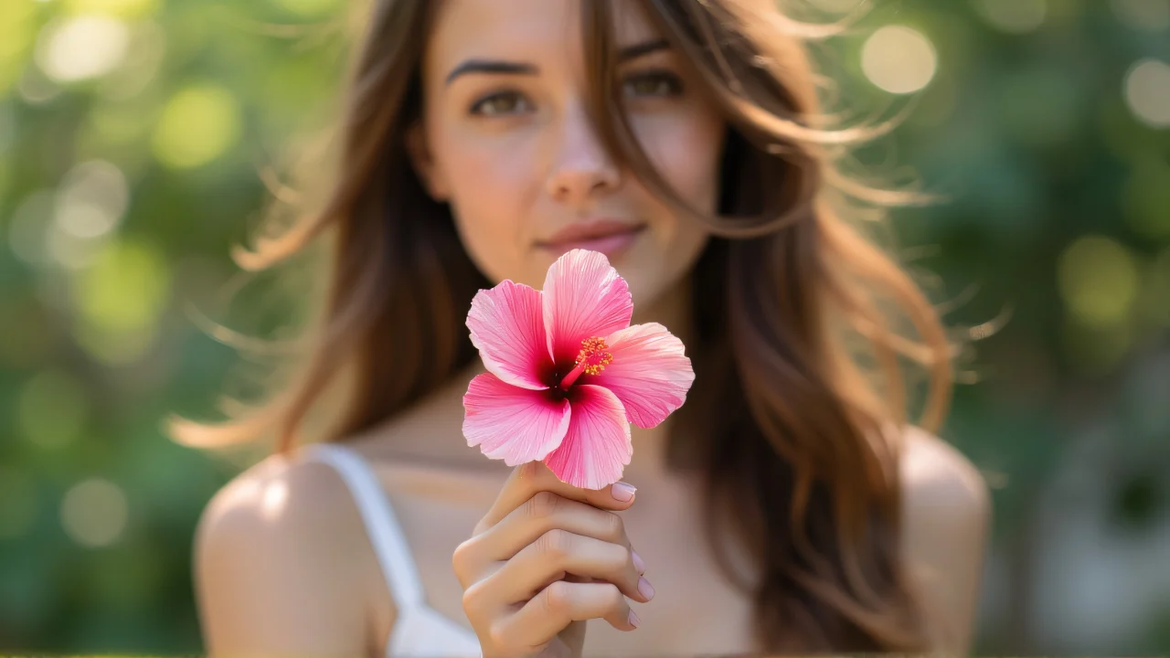 A woman stands in natural light, holding a pink hibiscus at her chest with a gentle breeze through her hair.