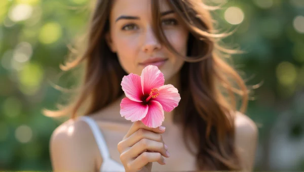 Woman Holding Pink Hibiscus In Natural Light