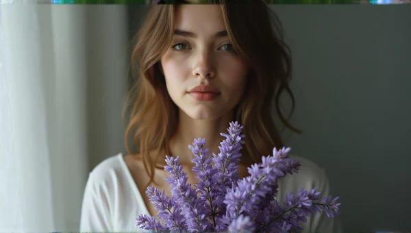 Woman Holding Purple Flowers Natural Light Portrait