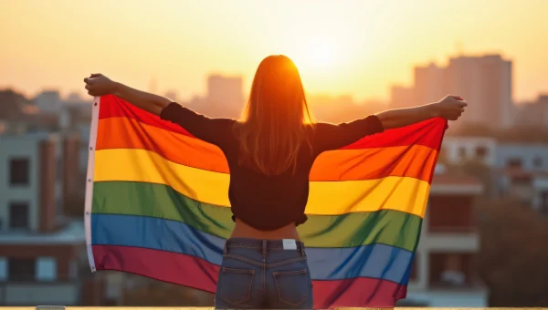 Woman Holding Rainbow Flag on Urban Rooftop