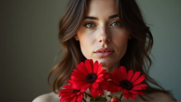 Woman Holding Red Flowers Portrait in Natural Light