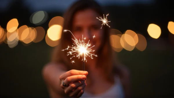 Woman Holding Sparklers At Night With Bokeh Lights