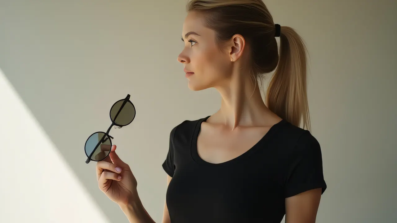 A woman in a fitted black T-shirt holds sunglasses while posing.