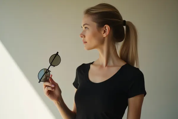 Woman Holding Sunglasses In Fitted Black Top
