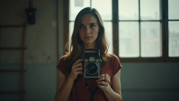 Woman Holding Vintage Film Camera in Urban Loft
