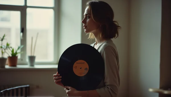 Woman Holding Vinyl Record in Loft Studio