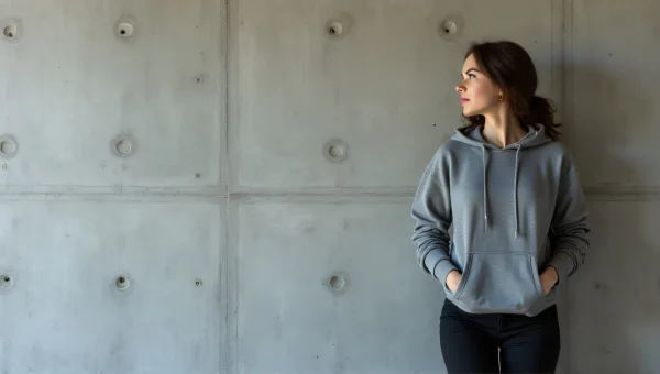 Woman in Hooded Sweatshirt by Concrete Wall