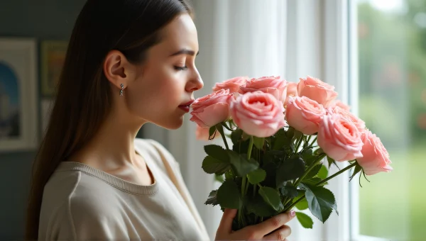 Woman Inhaling Garden Roses Bouquet Natural Light