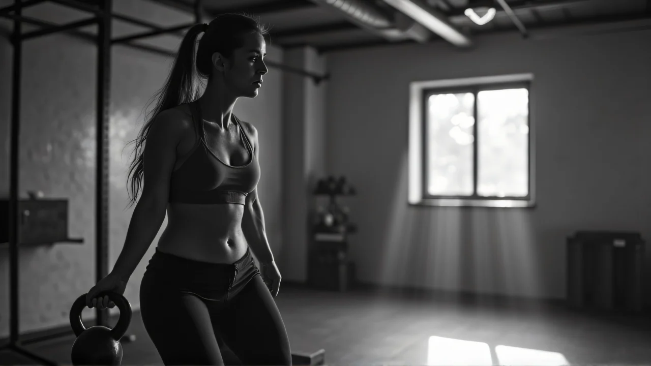 A woman performs kettlebell swings in a loft gym setting.