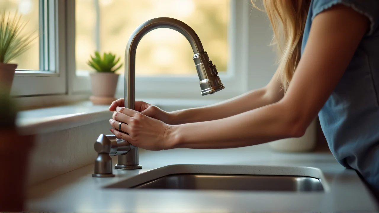 A woman stands by a stainless steel kitchen faucet in morning light.