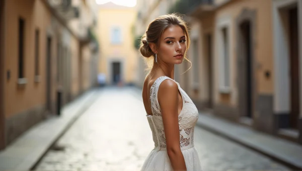 Woman in Lace Dress Posing on Cobblestone Street