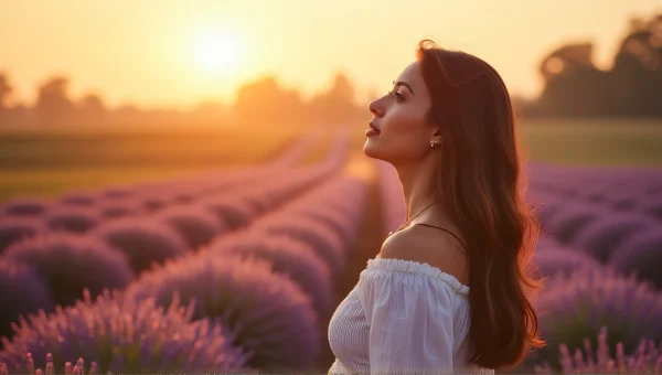 Woman in Lavender Field at Golden Hour