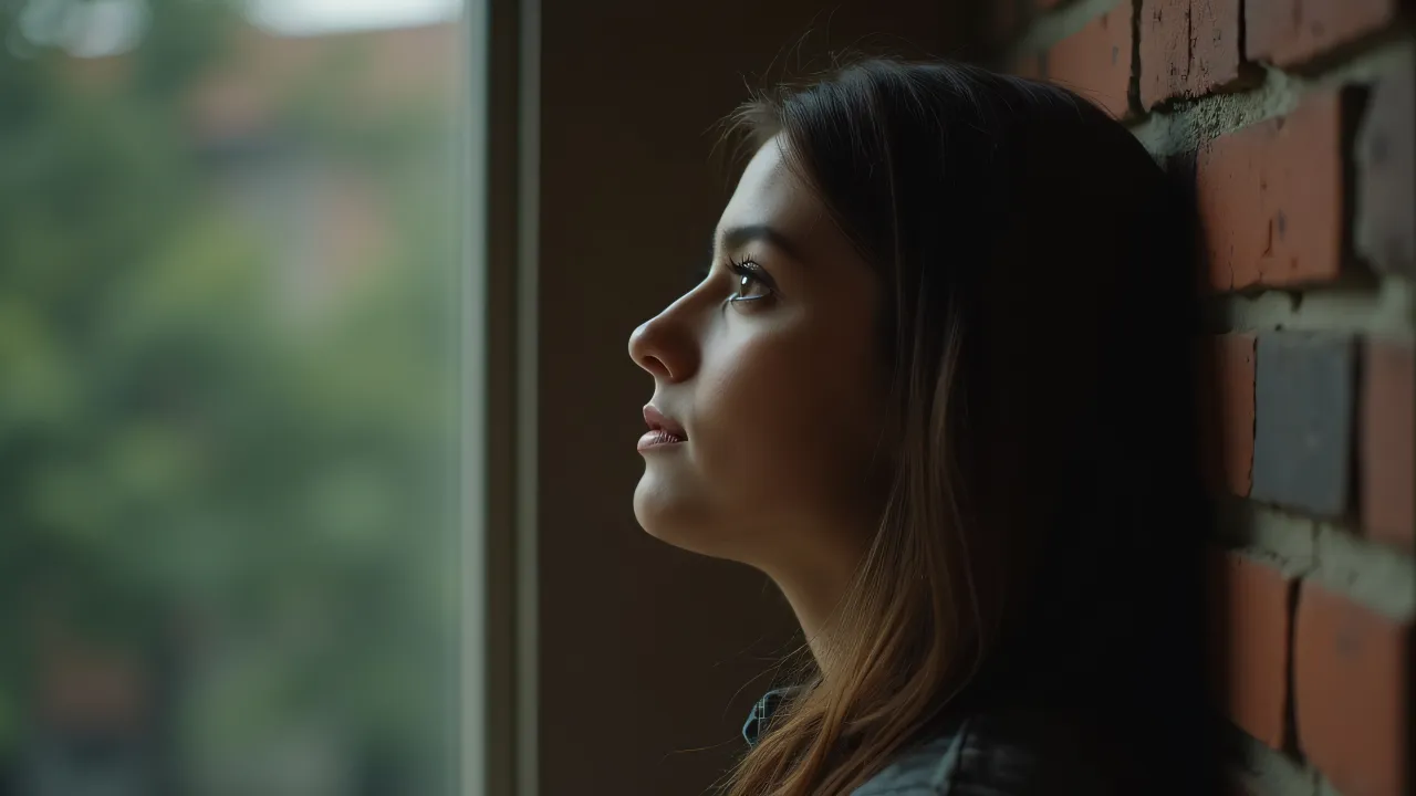 A woman in three-quarter profile leans against a brick wall, illuminated by soft window light.
