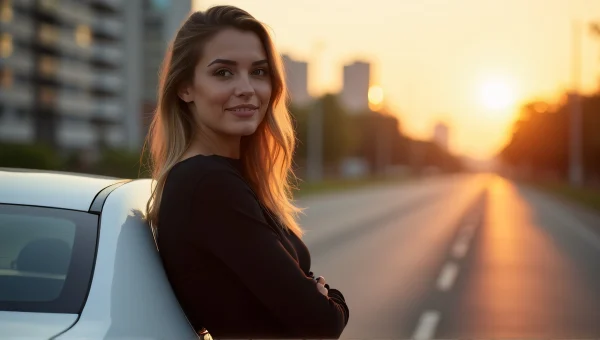 Woman Leaning Against Sedan at Golden Hour