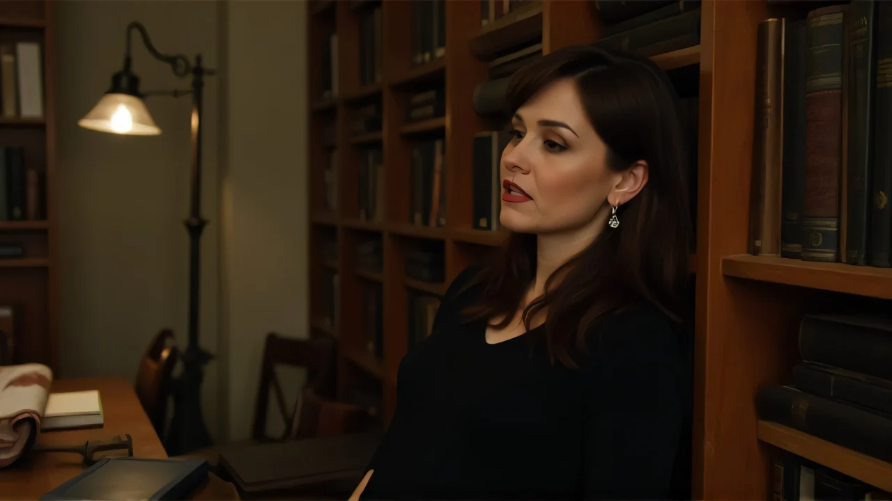 A woman in a black top leans against a tall wooden bookcase with books and a vintage lamp.