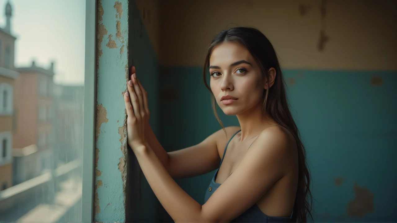 A woman poses with her arm against a textured wall in an urban interior, captured in soft window light.