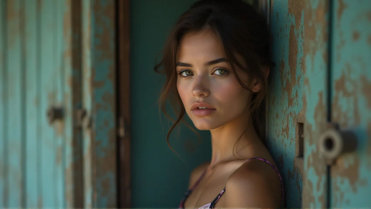 A woman leans against a weathered wooden door in soft light.