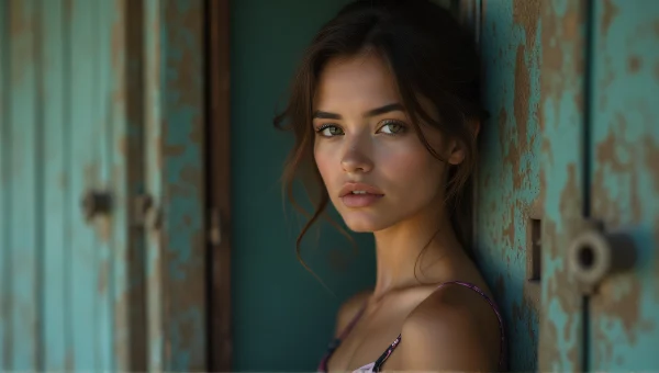 Woman Leaning Against Weathered Wooden Door