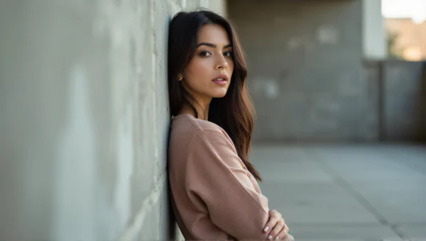 Woman Leaning on Concrete Wall in Urban Setting