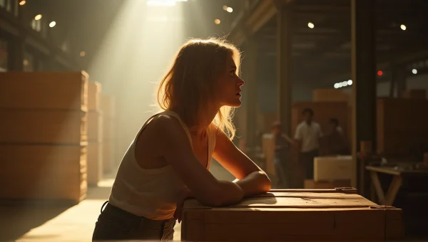 Woman Leaning On Crate In Sunlit Warehouse