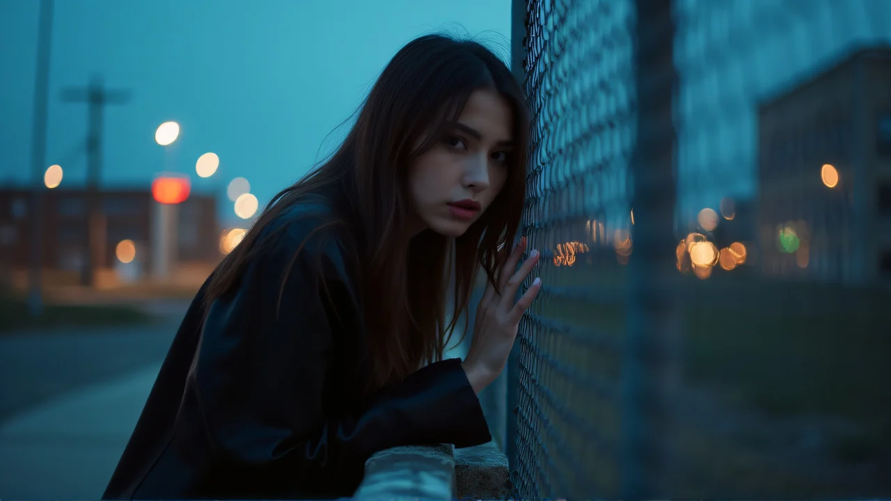 A woman leans on a chain-link fence at dusk, framed waist-up against a gritty urban background.