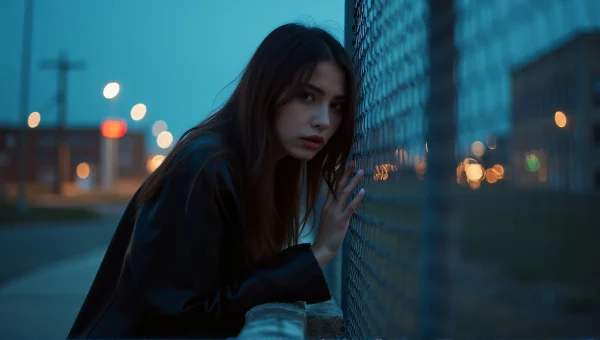 Woman Leaning on Fence in Urban Dusk Setting