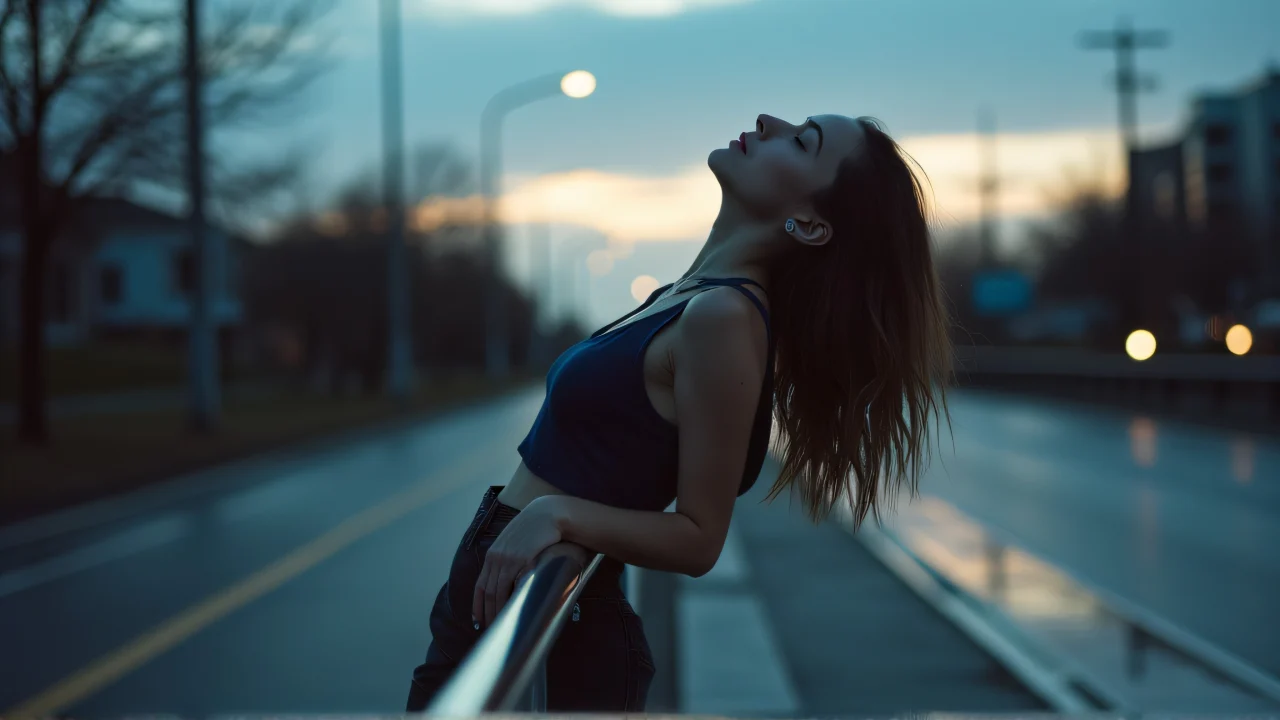 A woman leans back over a metal railing, gazing at the sky, with reflections on the wet pavement.