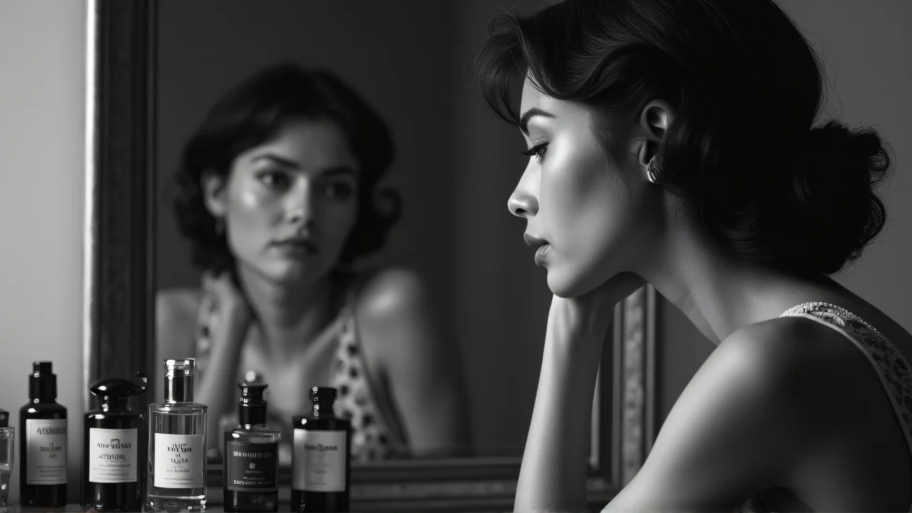A woman leans toward a vanity mirror, reflecting her face and vintage perfume bottles.