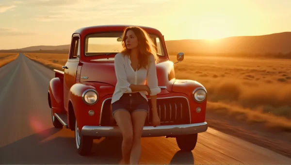 Woman Leaning On Vintage Red Pickup Truck