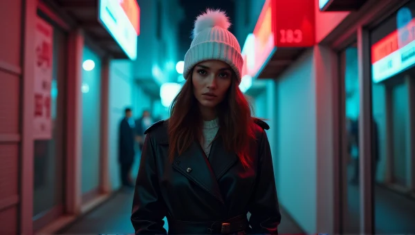 Woman in Leather Coat Under Neon Alley Lights