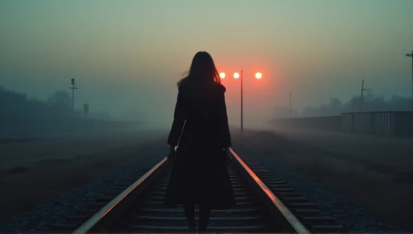 Woman in Long Coat on Foggy Train Tracks at Dusk