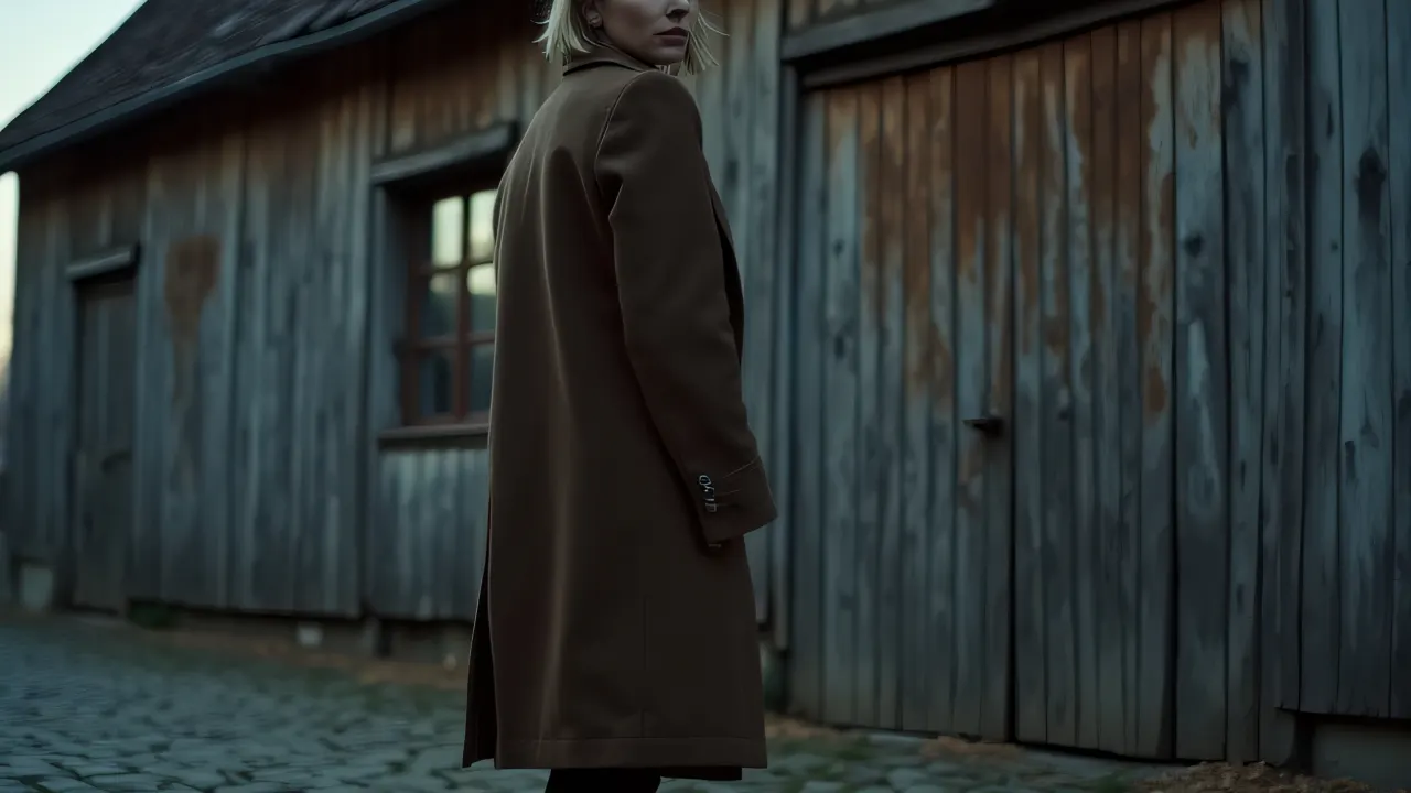 A woman in a long coat stands outside a rustic wooden building at dusk.