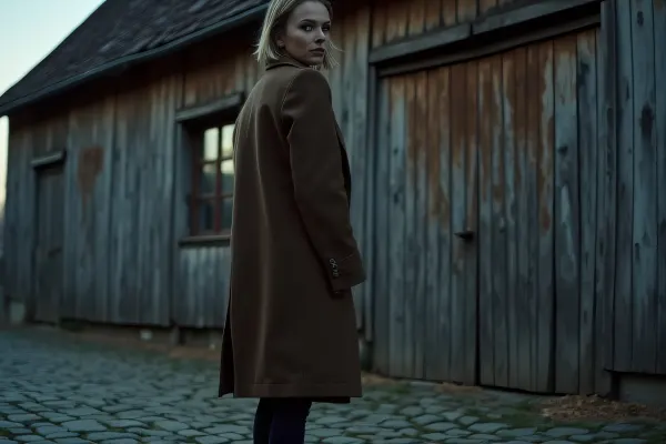 Woman In Long Coat Outside Weathered Building