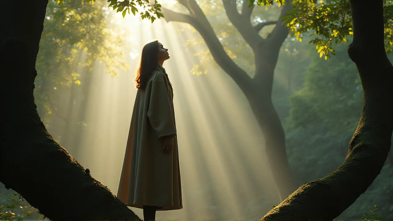 A woman in a long coat gazes upward on a low branch, sunlight filtering through leaves above her.