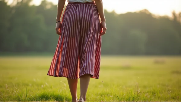Woman In Maroon Striped Skirt On Green Grass