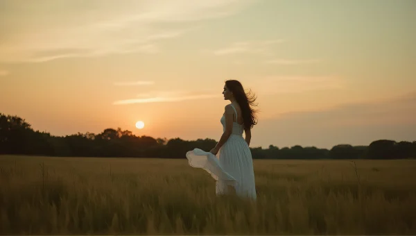 Woman in Meadow at Dusk with Flowing Dress