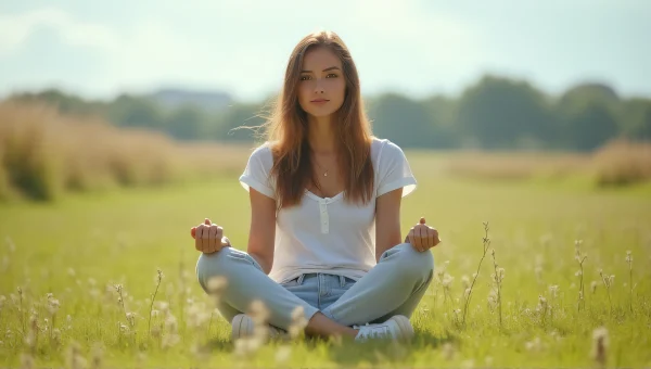 Woman Meditating in Grassy Field Under Sky