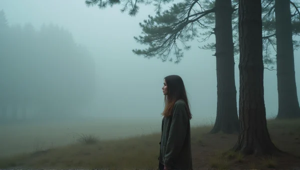 Woman in Misty Clearing Beside Tall Trees