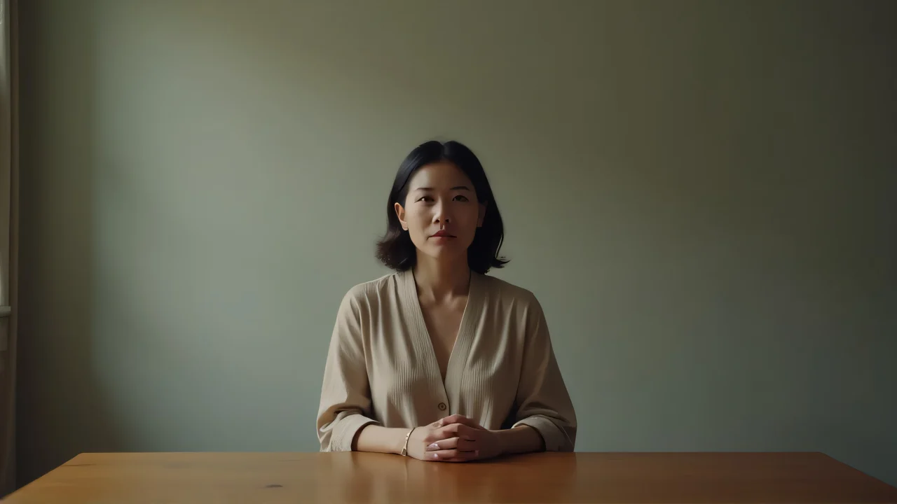 A woman sits calmly at a wooden table, hands folded in her lap, dressed in natural fabric with soft lighting.