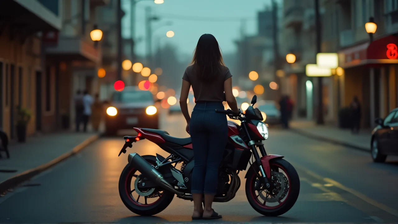 A woman stands beside a motorcycle on an urban street at dusk, showcasing a relaxed vibe.