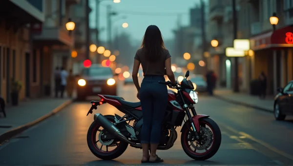 Woman Near Motorcycle Urban Street Dusk