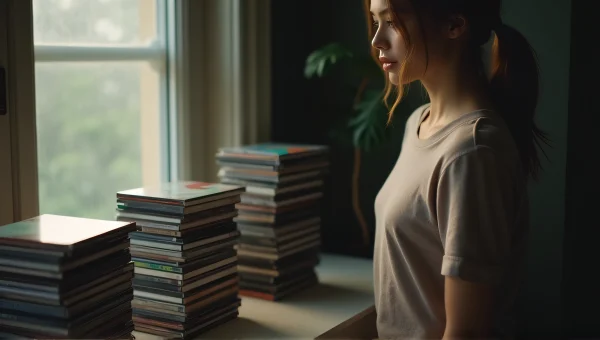 Woman Near Stacked CDs In Soft Window Light