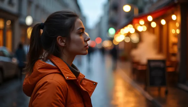 Woman in Orange Jacket on Rainy Cobblestone Street