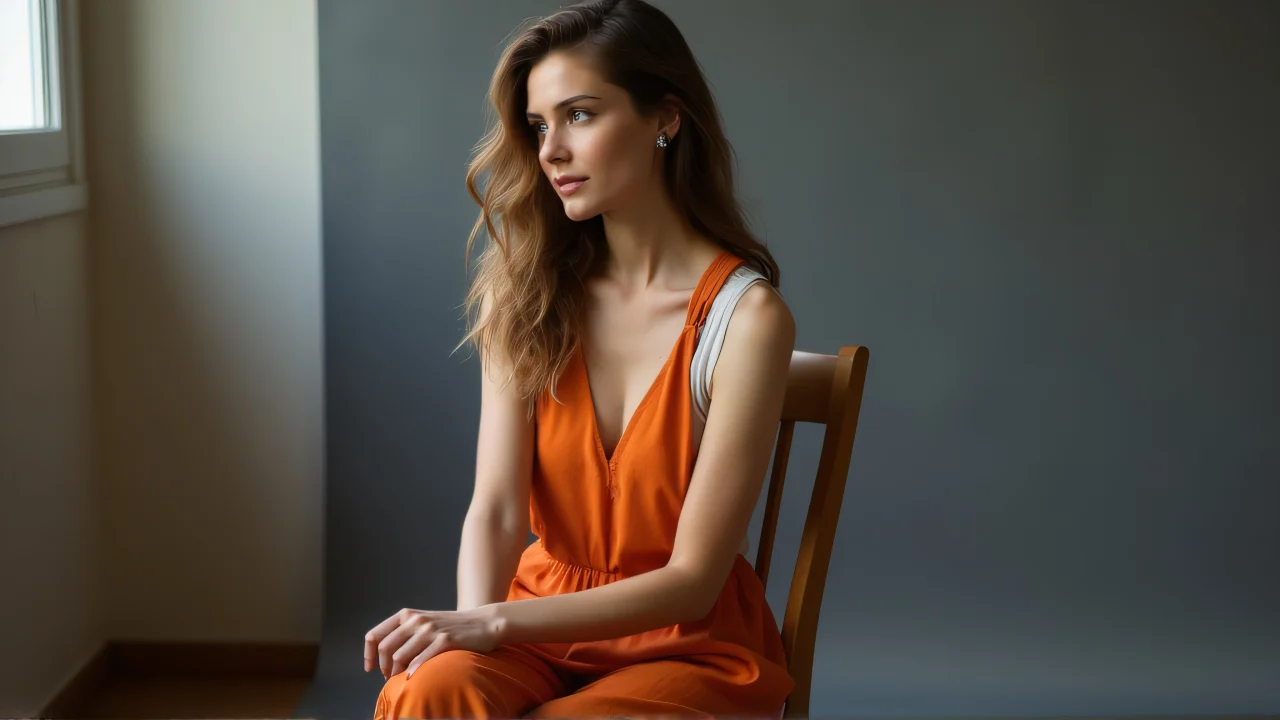 A woman seated in an orange V-neck overall dress with soft window light.