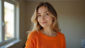 Woman In Orange Sweater Relaxing By Window