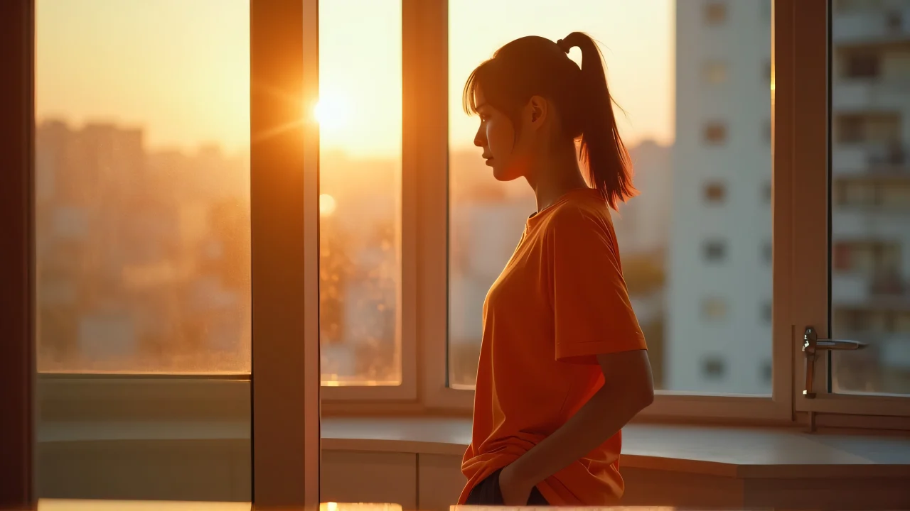 A woman wearing an orange t-shirt stands near a sunlit window with hands in pockets.